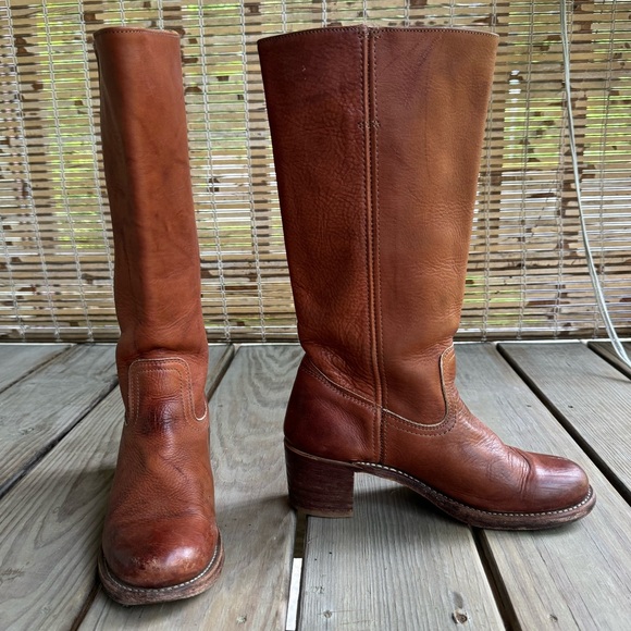 SOLD Frye Sabrina Campus Boots women’s 8 saddle brown tan leather pull on tall - Picture 2 of 13